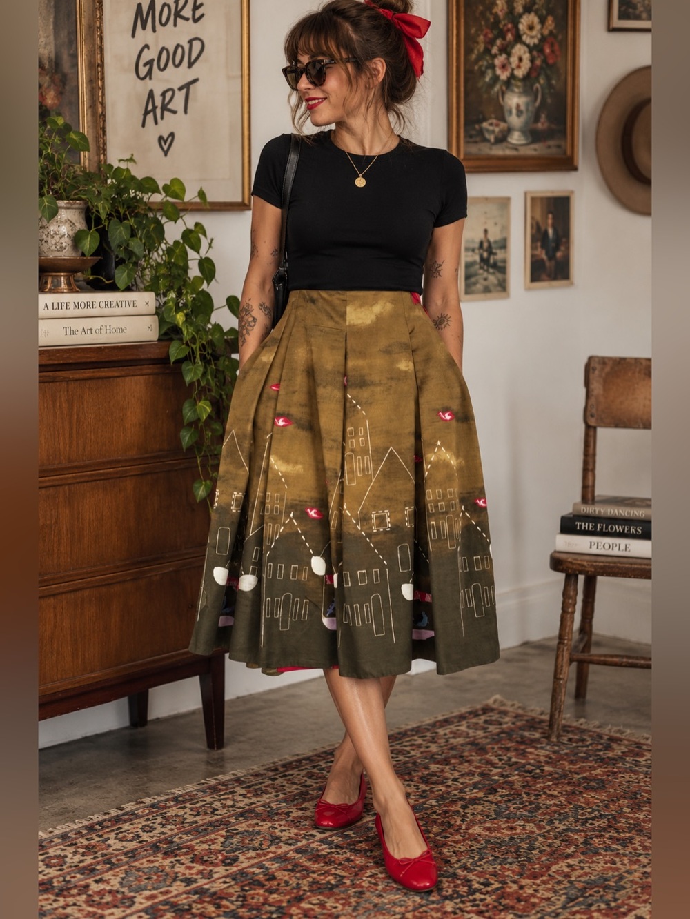 Maeve Golden Brown Printed Circle Skirt
